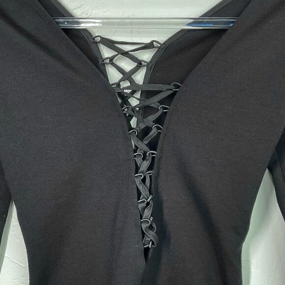 True Religion Black Double Lace Up Deep V Long Sleeve Bodysuit XS New - Picture 2 of 5